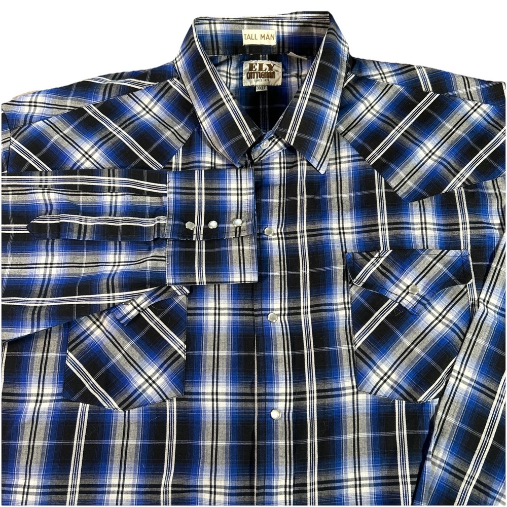 Ely Cattleman Tall Man Men's 3XLT Blue Plaid‎ Western Pearl Snap Button Down